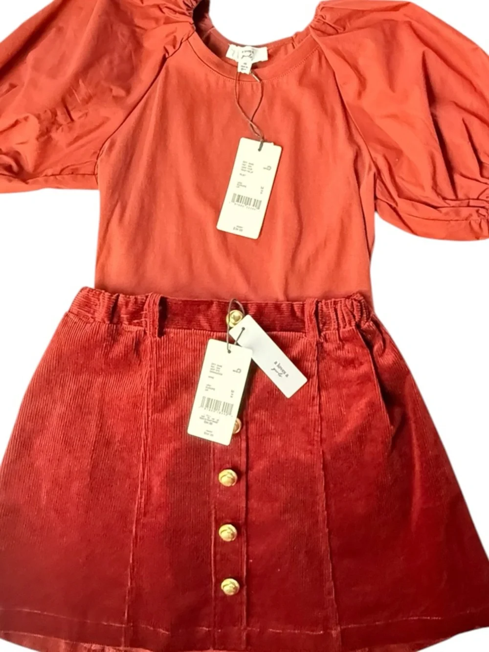 A Loves A Girls 2Pc Set Puff Sleeve Top Corduroy Skirt Rust Burgundy M 10-12Y